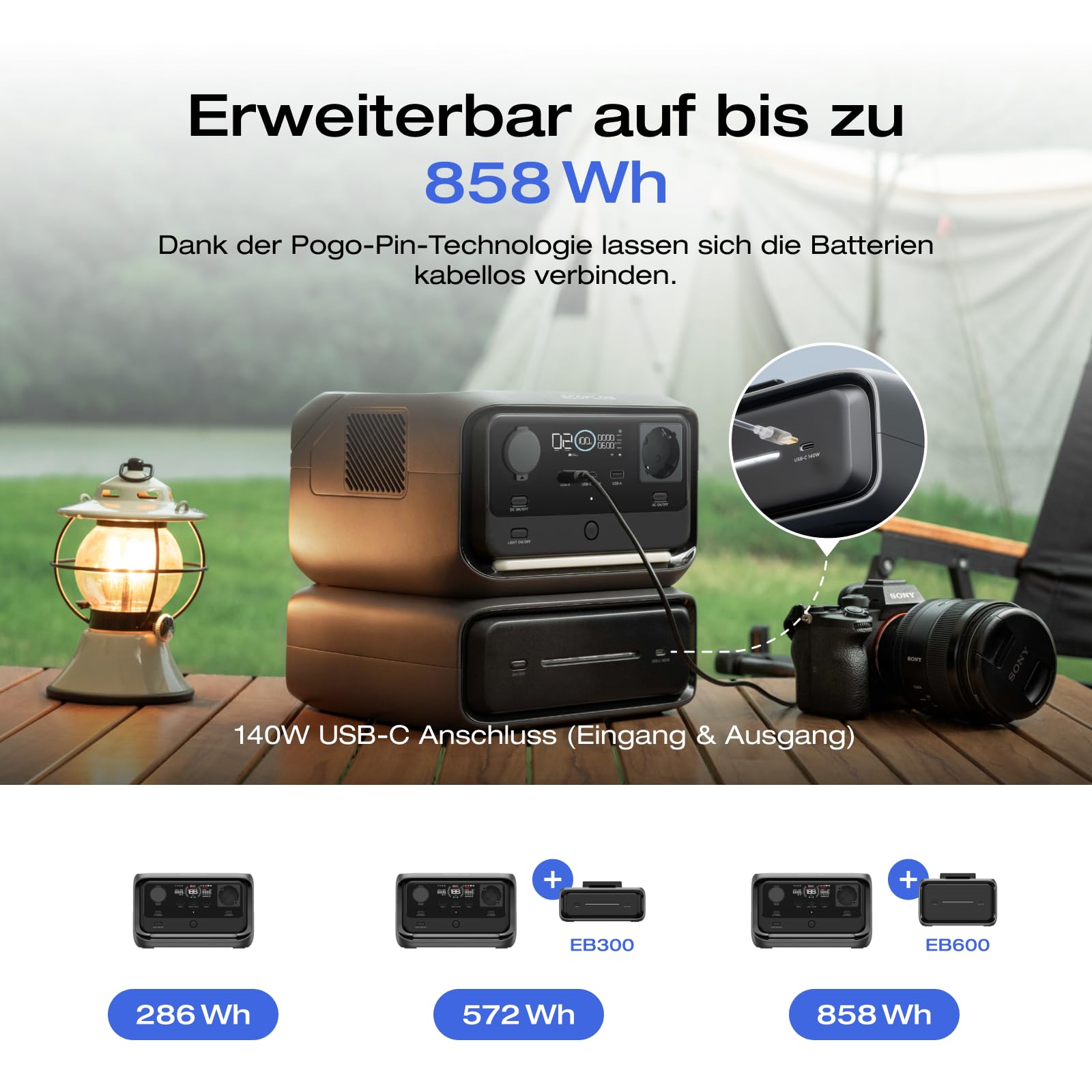 ECOFLOW RIVER 3 Plus Tragbare Powerstation, 286 Wh LFP Batterie, bis zu 1 200 W Leistung, 16 Stunden+ Laufzeit für <100 W Geräte, erweiterbar auf 858 Wh, <10 ms USV, Solargenerator für Camping, RV