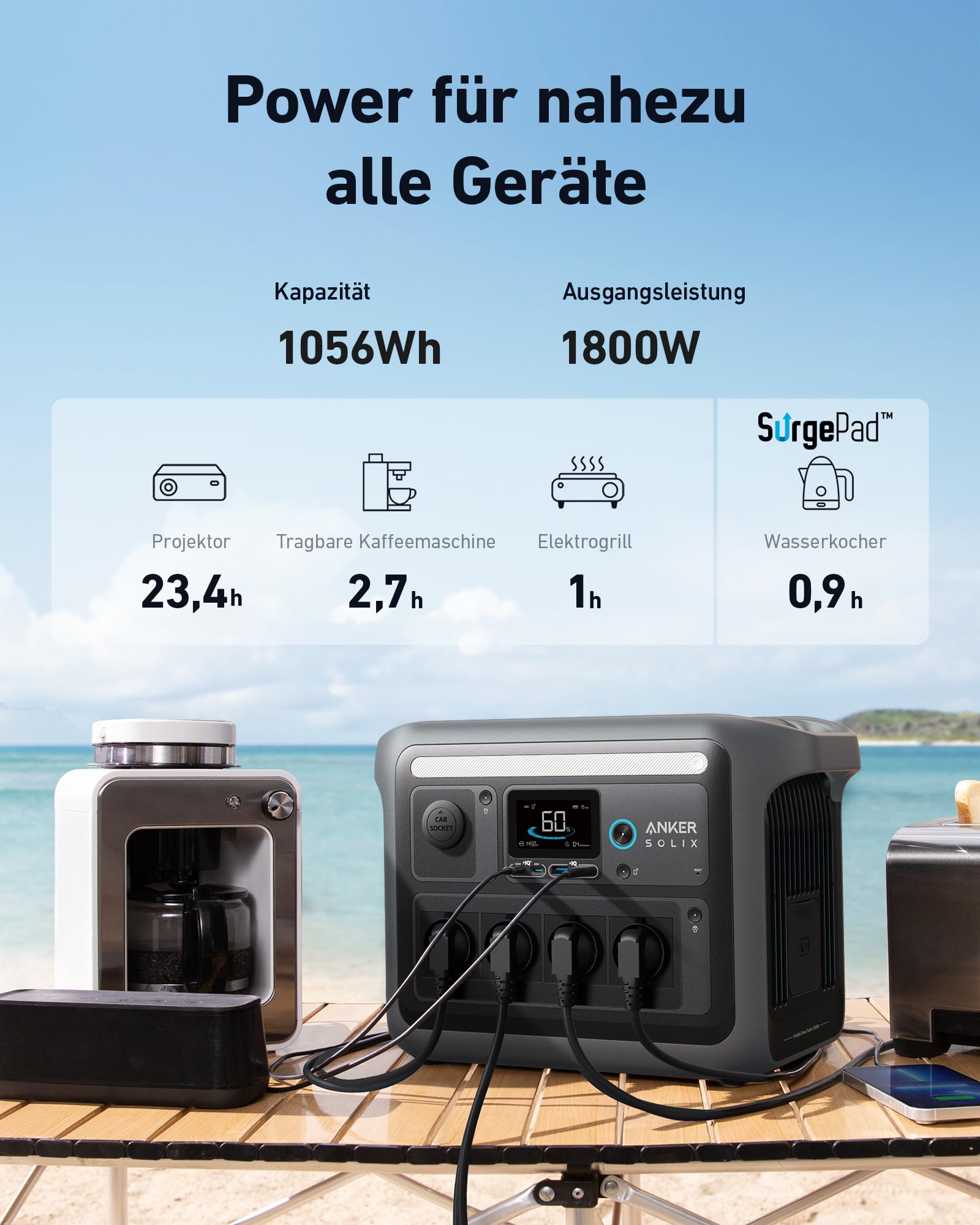 Anker SOLIX C1000 Set Tragbare Powerstation mit 100W Solarpanel, LiFePO4 Akku, 1800W Solargenerator, 4*230V Steckdosen mit max. 2400W Leistung, LFP Powerstation für Outdoor, Camping und Stromreserve