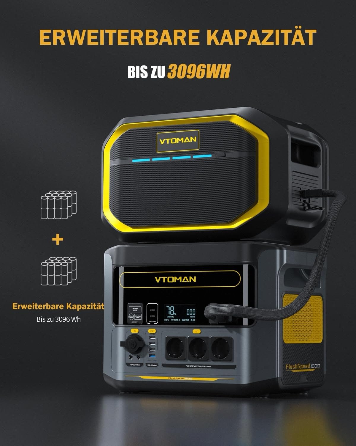 VTOMAN FlashSpeed 1500 Tragbare Powerstation 3096Wh, 1500W (Spitze 3000W) Solar Generator mit Zusatzbatterie, unterstützt AC/DC/Solaraufladung für Camping, Netzunabhängig, Wohnmobil, Notfall