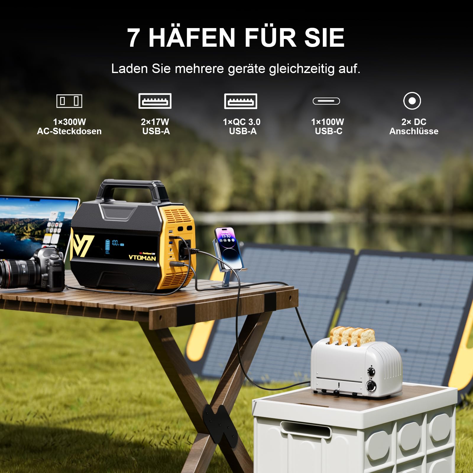 VTOMAN FlashSpeed 300 Tragbare Powerstation 300W - 230Wh Solar Generatoren LiFePO4 Batterie, 100W USB-C/230V AC Ausgang Mobile Stromspeicher Powerstation für Zuhause, Camping, Wohnmobil, Angeln