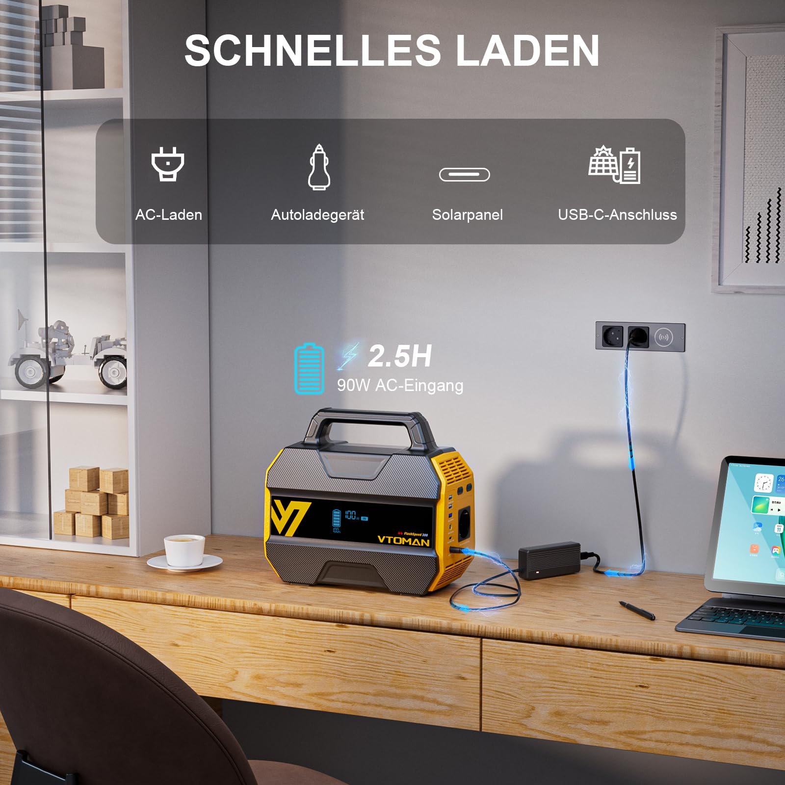 VTOMAN FlashSpeed 300 Tragbare Powerstation 300W - 230Wh Solar Generatoren LiFePO4 Batterie, 100W USB-C/230V AC Ausgang Mobile Stromspeicher Powerstation für Zuhause, Camping, Wohnmobil, Angeln