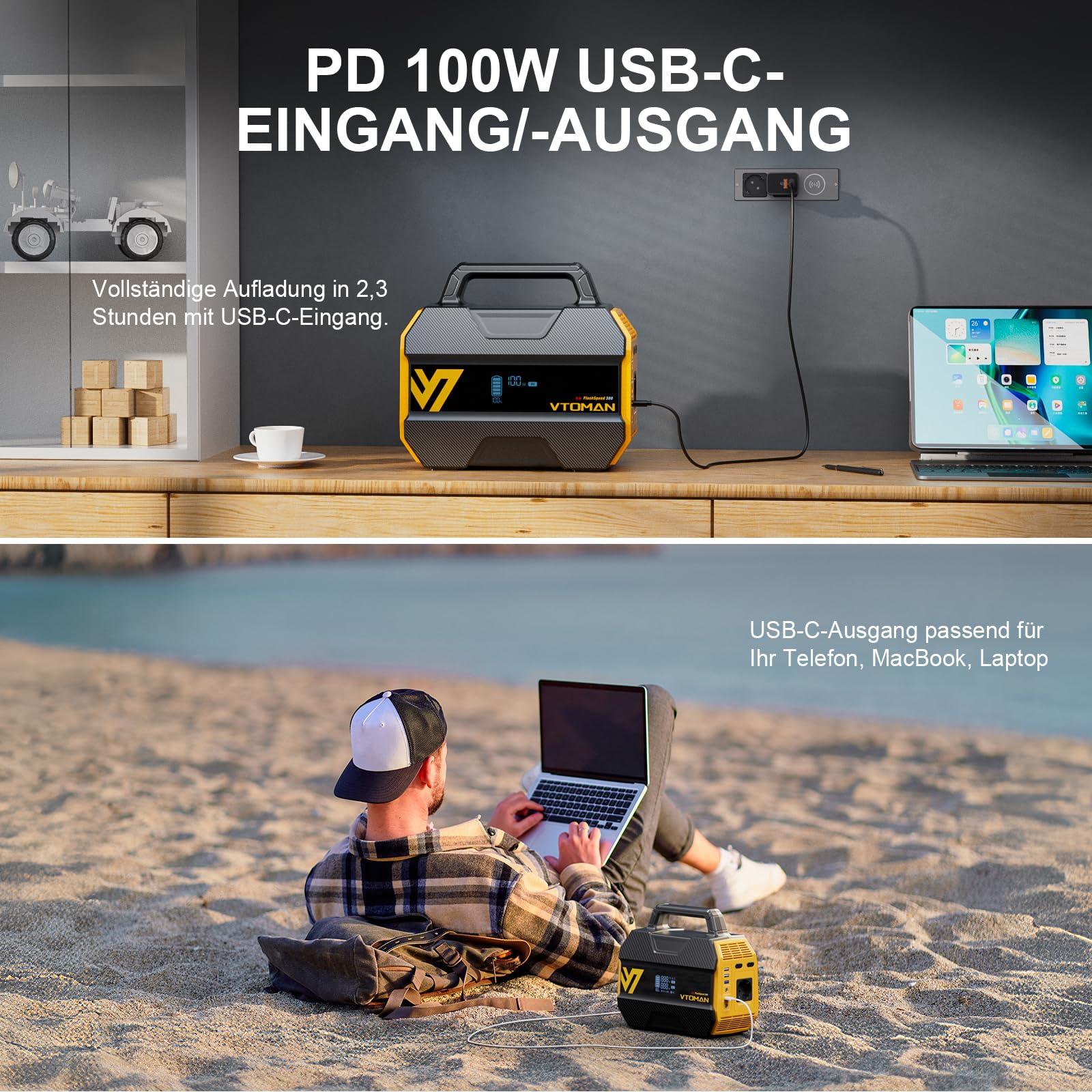 VTOMAN FlashSpeed 300 Tragbare Powerstation 300W - 230Wh Solar Generatoren LiFePO4 Batterie, 100W USB-C/230V AC Ausgang Mobile Stromspeicher Powerstation für Zuhause, Camping, Wohnmobil, Angeln